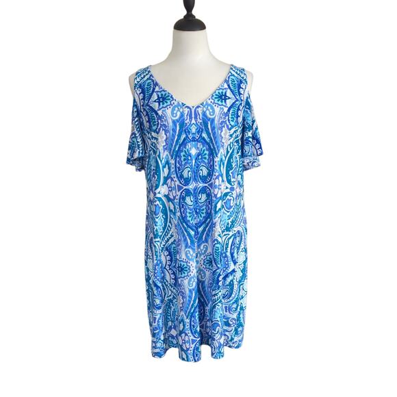 Blue Cold Shoulder Textured Print Dress Size L - Picture 1 of 3